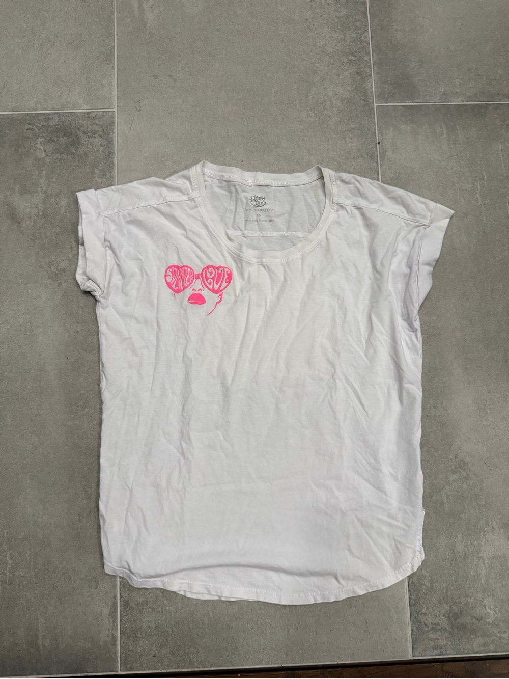 Margaret O'Leary White Tee with Neon Pink Heart Sunglasses Graphic